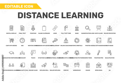 distance learning icon set with full test tube, cart with books, asynchronous learning signs in flat outline style