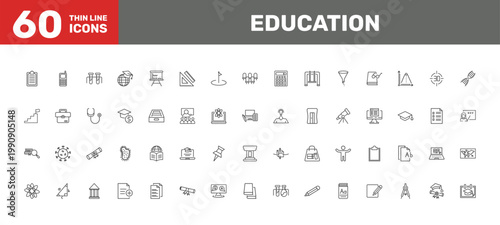 education icon set with cellphone, business education, rolled diploma signs in flat outline style