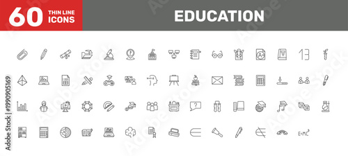 education icon set with edit pencil, school supplies, online library signs in flat outline style