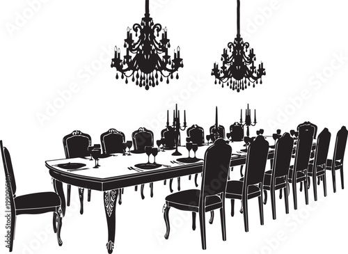 Black silhouette of formal dining room with table and chairs