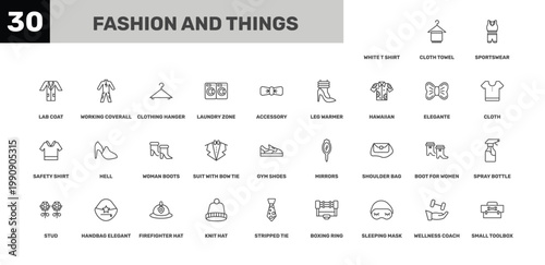 fashion and things icon set with sportswear, clothing hanger, stripped tie signs in flat outline style
