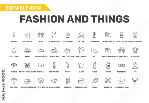 fashion and things icon set with knit hat, safety shirt, lab coat signs in flat outline style
