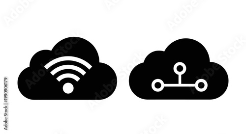 Tableau sur toile Two cloud icons representing connectivity and networking black silhouette