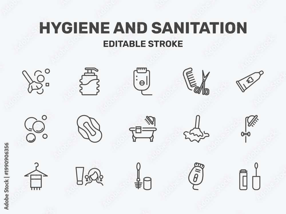 Fototapeta premium hygiene and sanitation icon set with epliator, grooming, tooth paste signs in flat outline style