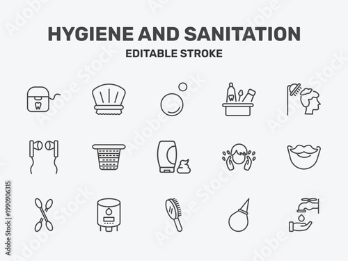 hygiene and sanitation icon set with bubble, hygiene kit, hair washing signs in flat outline style