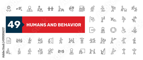humans and behavior icon set with cooker couple, woman cooking, feeding signs in flat outline style