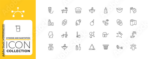 hygiene and sanitation icon set with washbasin, hygienic pad, flossing signs in flat outline style