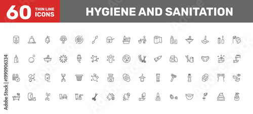 hygiene and sanitation icon set with extractor, pathogen, nail scissors signs in flat outline style