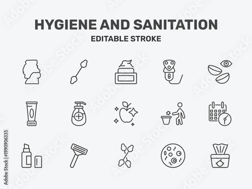 hygiene and sanitation icon set with face cream, electric razor, lens signs in flat outline style