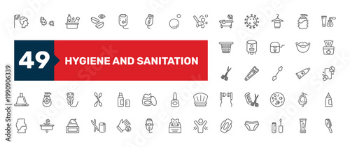 hygiene and sanitation icon set with epliator, nail clippers, toothpick signs in flat outline style