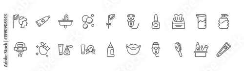 hygiene and sanitation icon set with tooth paste, electric razor, primp signs in flat outline style