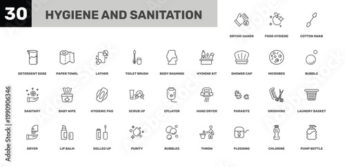hygiene and sanitation icon set with cotton swab, lather, bubbles signs in flat outline style