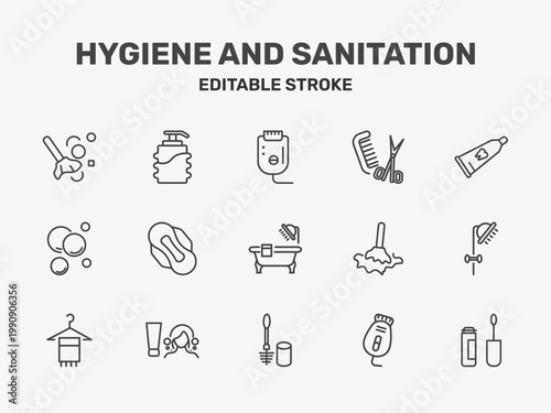 hygiene and sanitation icon set with epliator, grooming, tooth paste signs in flat outline style