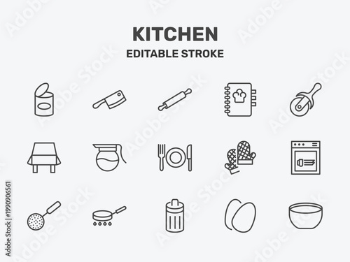 kitchen icon set with rolling pin, recipe book, pizza cutter signs in flat outline style