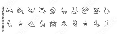 insurance and coverage icon set with stone on the road, hail on the car, broken arm signs in flat outline style