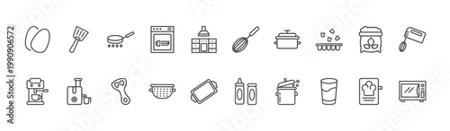 kitchen icon set with spatula, beater, glass signs in flat outline style