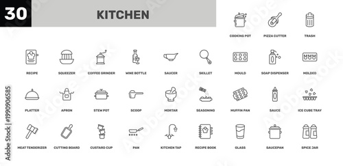 kitchen icon set with trash, coffee grinder, kitchen tap signs in flat outline style