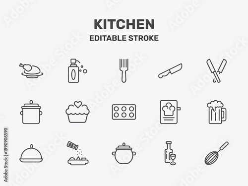 kitchen icon set with fork, steak knife, knives signs in flat outline style