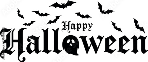 Gothic style font and bat silhouettes and a ghost silhouette