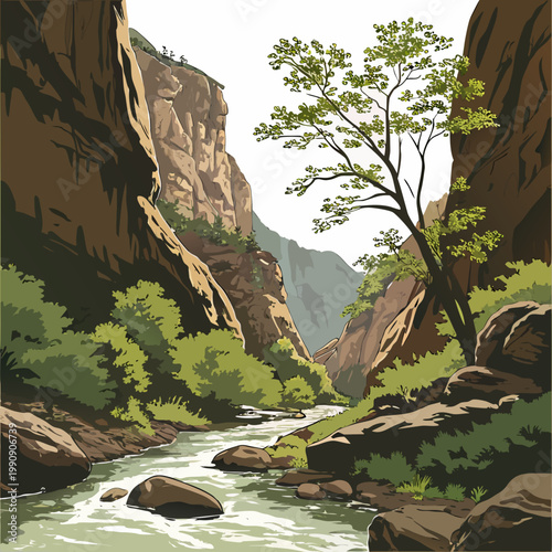 A stylized illustration depicts a narrow canyon with steep rock formations a winding river and sparse vegetation high quality professional detailed modern