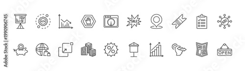 marketing icon set with configuration, sale, behavior signs in flat outline style