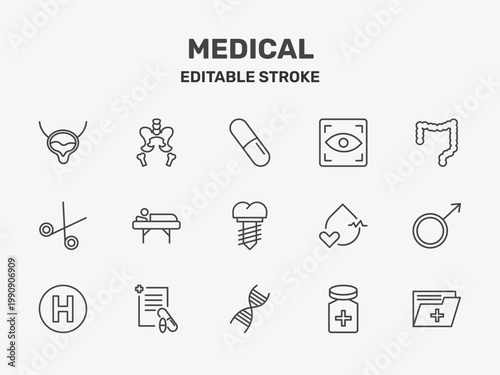 medical icon set with pill, eye scanner medical, colon signs in flat outline style