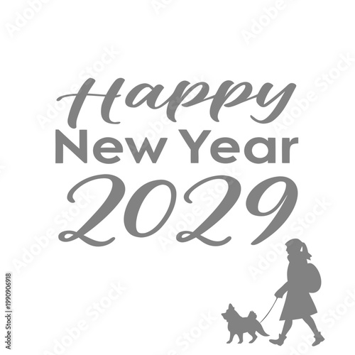 A minimalist graphic displays happy new year 2029 text with a silhouette of a girl walking a corgi dog high quality professional