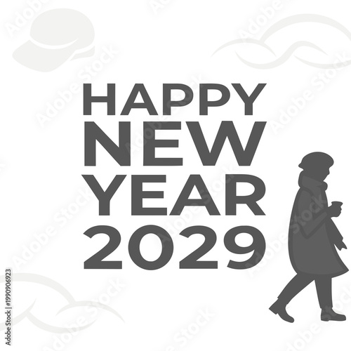A minimalist graphic depicts a person walking alongside a bold happy new year 2029 text design in grayscale high quality professional detailed