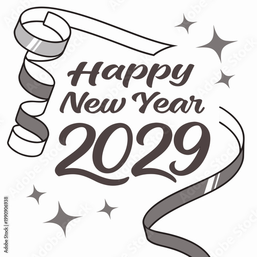 A festive new year illustration features the year 2029 alongside celebratory ribbons sparkling stars and the greeting happy new year high quality