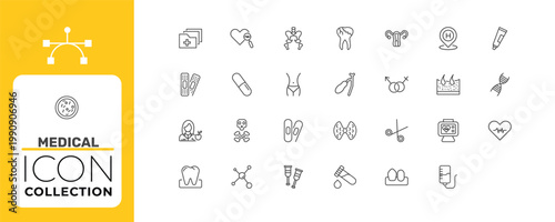 medical icon set with caries, pill, opened medical scissors signs in flat outline style