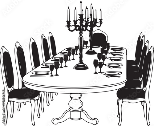 Formal dining table with candelabra and wine glasses
