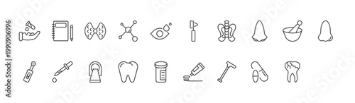 medical icon set with notepad, medical hammer tool, walking stick signs in flat outline style