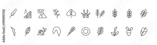 nature icon set with mountain pse, reed bed, natural energy signs in flat outline style