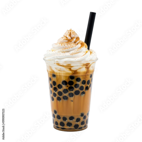 Refreshing bubble tea with creamy topping and black pearls