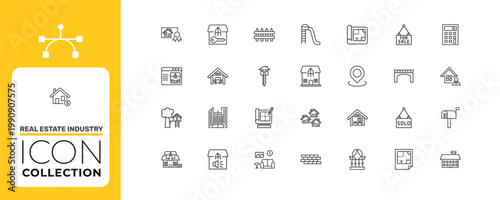real estate industry icon set with slides, garage, storehouse signs in flat outline style