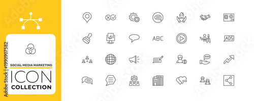 social media marketing icon set with suggestion, digital marketing, user warning signs in flat outline style