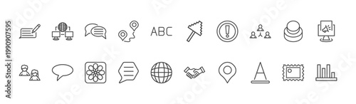 social media marketing icon set with network conecction, pixelated, letter color signs in flat outline style