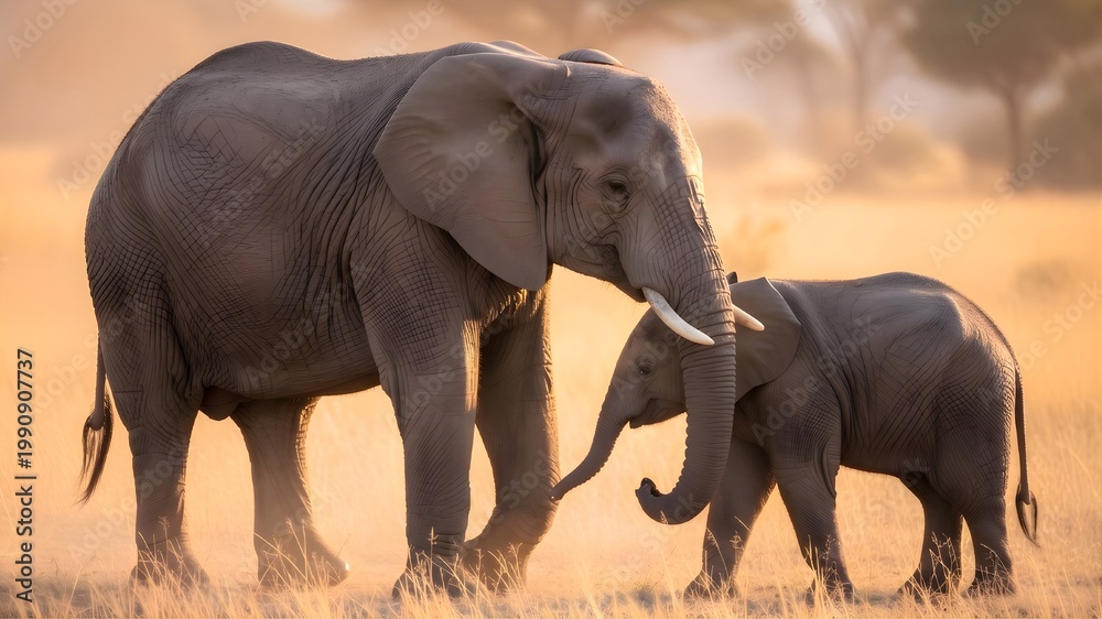 Fototapeta premium African elephant mother and calf walking in savanna at sunset, wildlife conservation and animal family concept, generative AI illustration