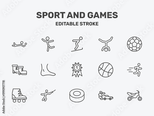 sport and games icon set with jumping ski, capoeira, football ball signs in flat outline style