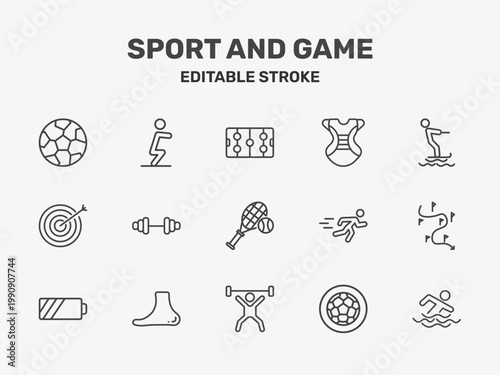 sport and game icon set with hockey arena, chest guard, jet surfing signs in flat outline style