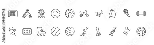 sport and games icon set with motorbike riding, motocross, stretching signs in flat outline style
