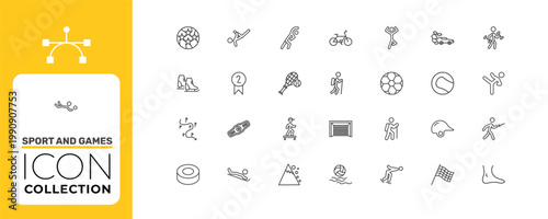 sport and games icon set with race bike, second prize, trekking signs in flat outline style