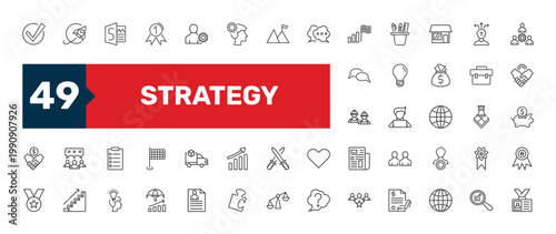 strategy icon set with admin, programmer, risk signs in flat outline style