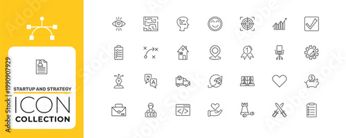 startup and strategy icon set with happiness, strategy, video conference signs in flat outline style
