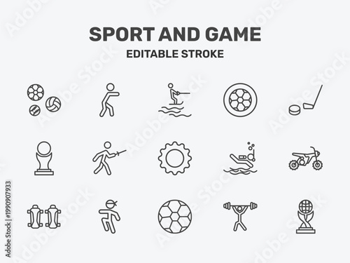 sport and game icon set with jet surfing, football ball circular, equipment signs in flat outline style