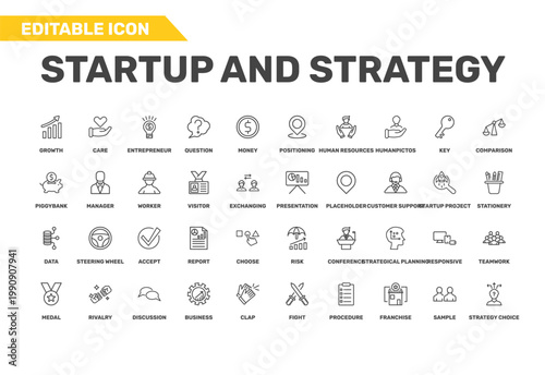 startup and strategy icon set with positioning, piggybank, medal signs in flat outline style