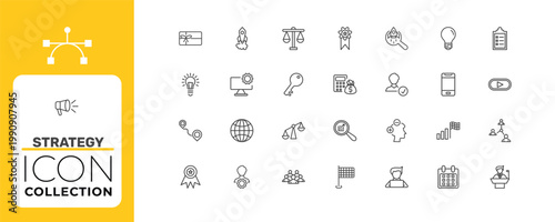 strategy icon set with award, web development, attitude signs in flat outline style