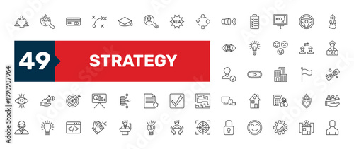 strategy icon set with graduation, start, clap signs in flat outline style