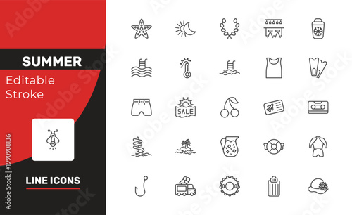 summer icon set with sea star, swimming pool, rubber ring signs in flat outline style