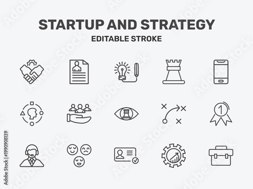 startup and strategy icon set with creative, rook, smartphone signs in flat outline style